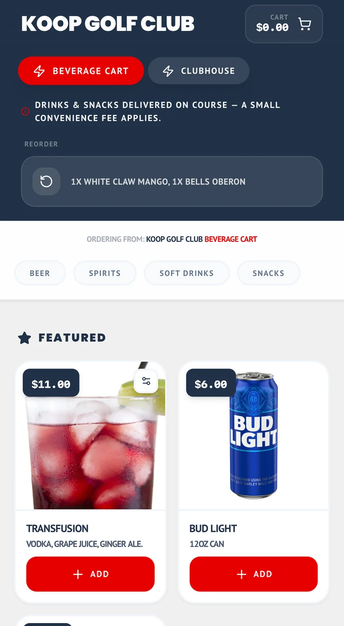Golfer ordering screen: beverage cart menu with featured drinks and an Add button