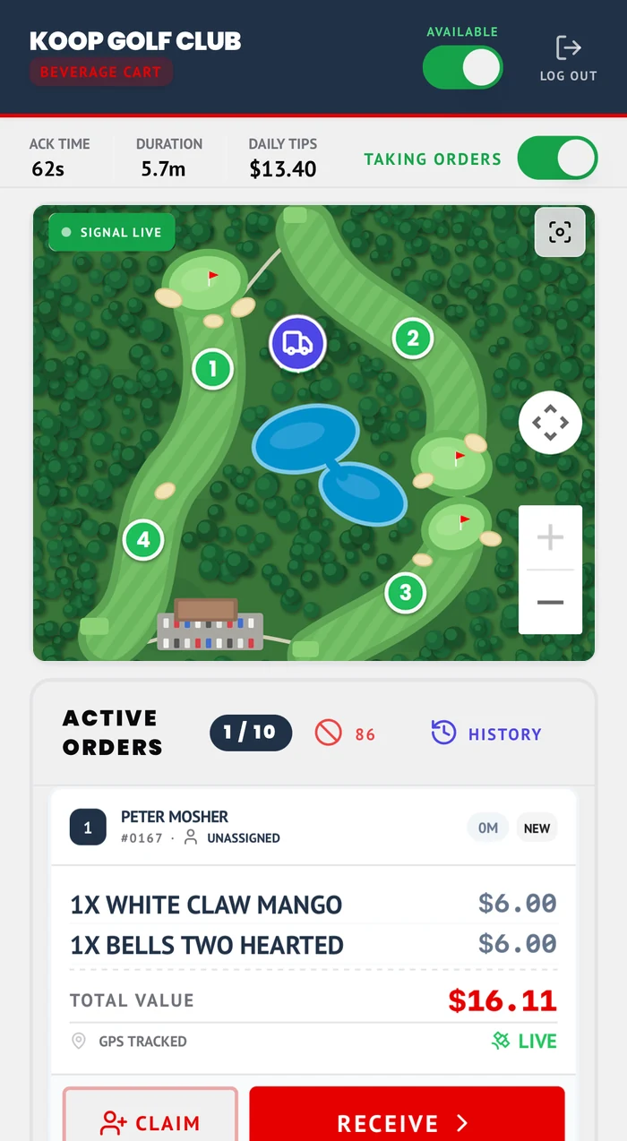 Staff screen: live course map with a golfer location and the active order to deliver
